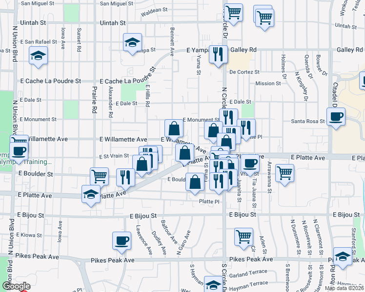 map of restaurants, bars, coffee shops, grocery stores, and more near 2616 East Willamette Avenue in Colorado Springs