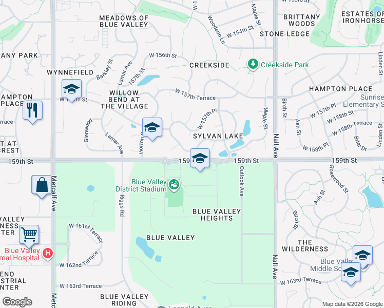 map of restaurants, bars, coffee shops, grocery stores, and more near 6028 West 158th Street in Overland Park