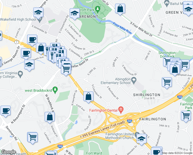 map of restaurants, bars, coffee shops, grocery stores, and more near 2888 South Buchanan Street in Arlington