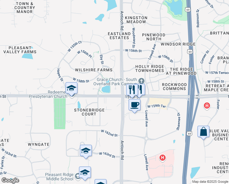 map of restaurants, bars, coffee shops, grocery stores, and more near 8709 157th Street in Overland Park