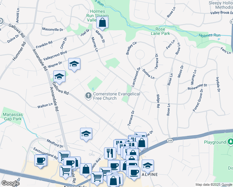 map of restaurants, bars, coffee shops, grocery stores, and more near 3815 Stuart Court in Annandale