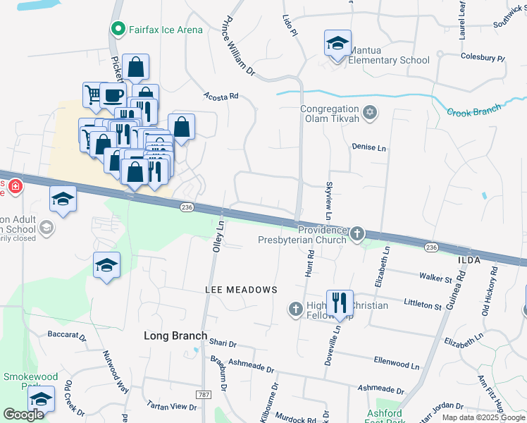 map of restaurants, bars, coffee shops, grocery stores, and more near 9213 Briary Lane in Fairfax