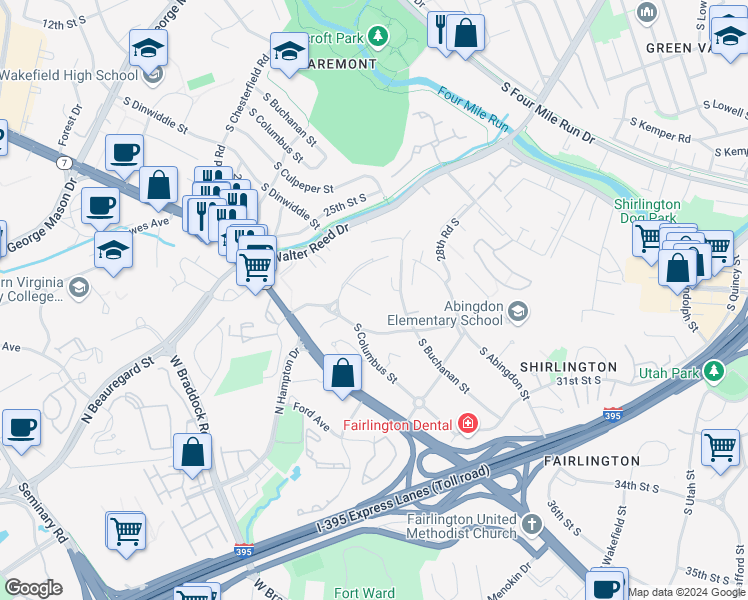 map of restaurants, bars, coffee shops, grocery stores, and more near 2888 South Buchanan Street in Arlington