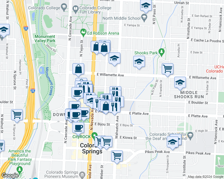 map of restaurants, bars, coffee shops, grocery stores, and more near 226 Cheyenne Avenue in Colorado Springs