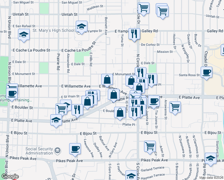 map of restaurants, bars, coffee shops, grocery stores, and more near 2616 East Willamette Avenue in Colorado Springs