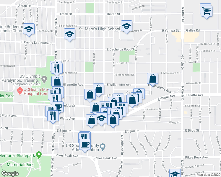 map of restaurants, bars, coffee shops, grocery stores, and more near 2301 East Willamette Avenue in Colorado Springs