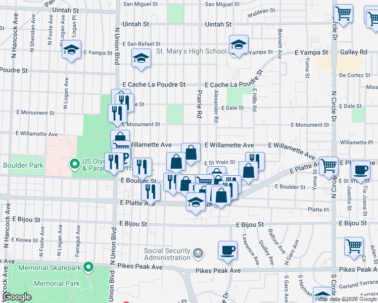 map of restaurants, bars, coffee shops, grocery stores, and more near 2203 East Willamette Avenue in Colorado Springs