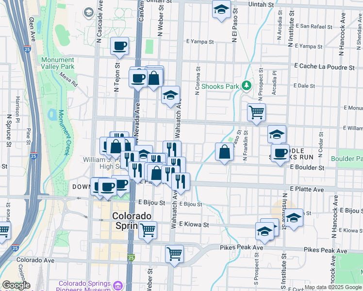 map of restaurants, bars, coffee shops, grocery stores, and more near in Colorado Springs