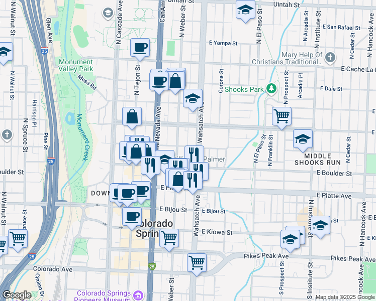 map of restaurants, bars, coffee shops, grocery stores, and more near 318 East Saint Vrain Street in Colorado Springs