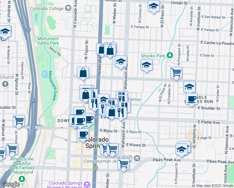 map of restaurants, bars, coffee shops, grocery stores, and more near 318 East Saint Vrain Street in Colorado Springs