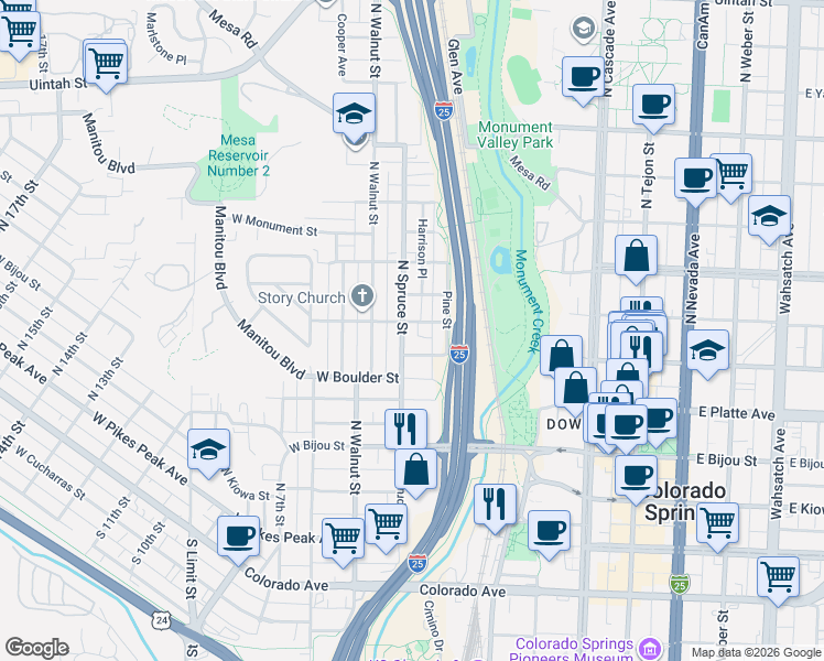 map of restaurants, bars, coffee shops, grocery stores, and more near 501 North Spruce Street in Colorado Springs