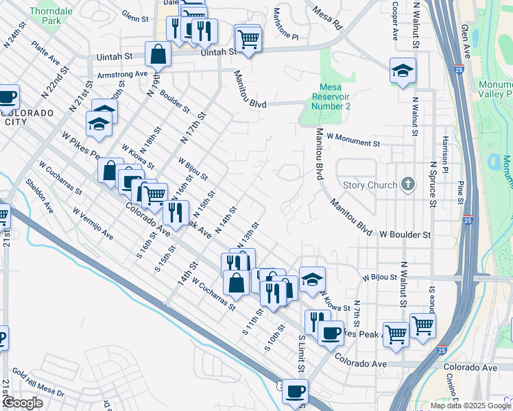 map of restaurants, bars, coffee shops, grocery stores, and more near 205 North 14th Street in Colorado Springs