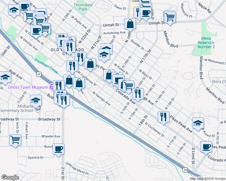 map of restaurants, bars, coffee shops, grocery stores, and more near 1714 West Colorado Avenue in Colorado Springs