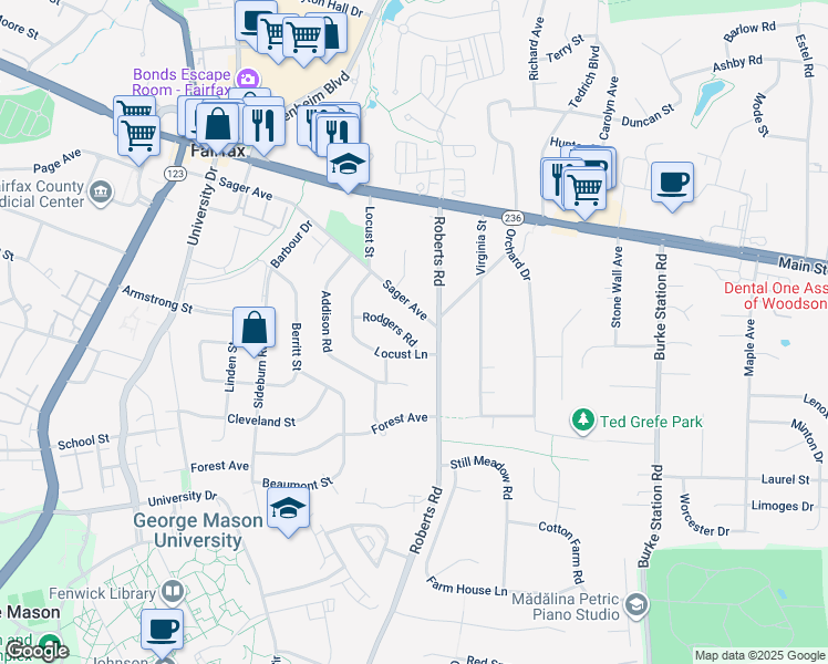 map of restaurants, bars, coffee shops, grocery stores, and more near 10206 Rodgers Road in Fairfax