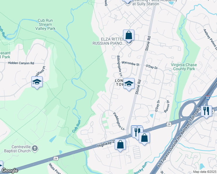 map of restaurants, bars, coffee shops, grocery stores, and more near 6128 Gothwaite Drive in Centreville