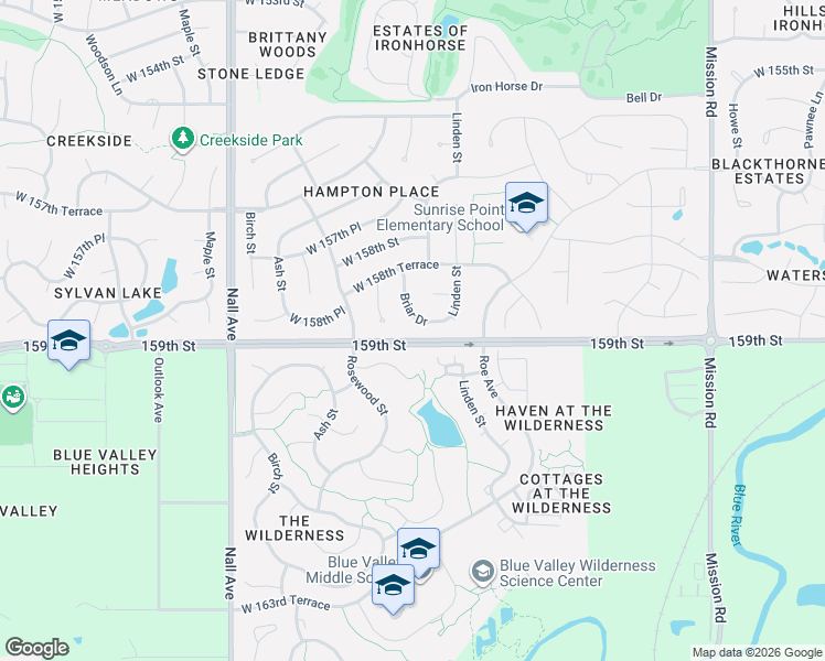 map of restaurants, bars, coffee shops, grocery stores, and more near 15844 Briar Drive in Overland Park