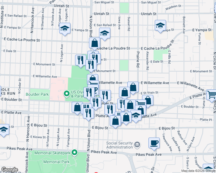 map of restaurants, bars, coffee shops, grocery stores, and more near 1928 East Willamette Avenue in Colorado Springs