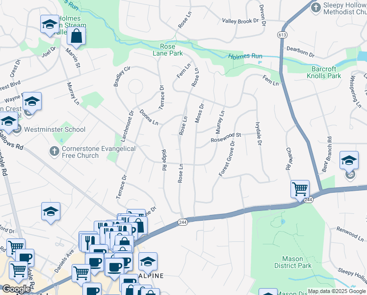 map of restaurants, bars, coffee shops, grocery stores, and more near 3807 Rose Lane in Annandale
