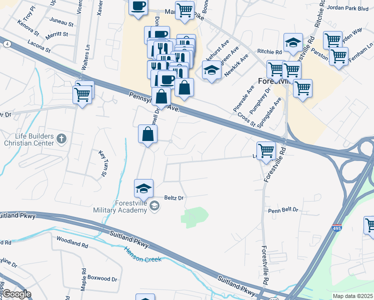 map of restaurants, bars, coffee shops, grocery stores, and more near 7208 Donnell Place in Forestville