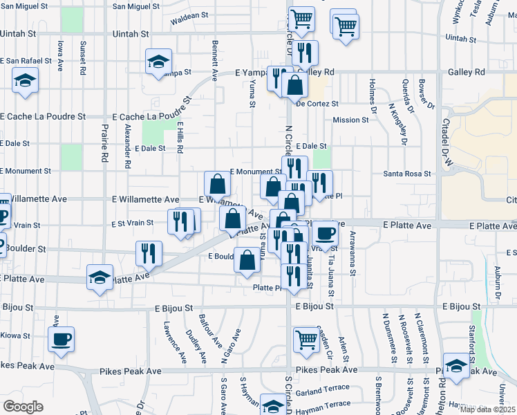map of restaurants, bars, coffee shops, grocery stores, and more near 521 Yuma Street in Colorado Springs