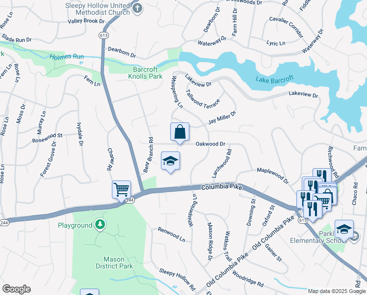 map of restaurants, bars, coffee shops, grocery stores, and more near 6529 Oakwood Drive in Falls Church