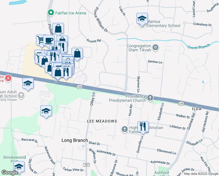 map of restaurants, bars, coffee shops, grocery stores, and more near 9215 Briary Lane in Fairfax