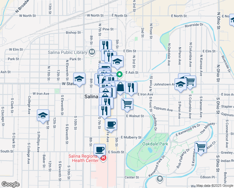 map of restaurants, bars, coffee shops, grocery stores, and more near Iron Avenue in Salina
