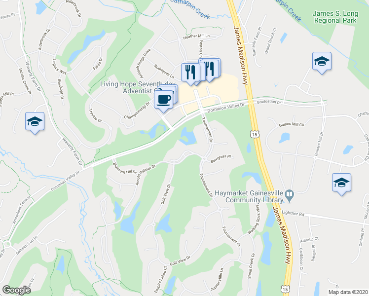 map of restaurants, bars, coffee shops, grocery stores, and more near 15200 Arnold Palmer Drive in Haymarket