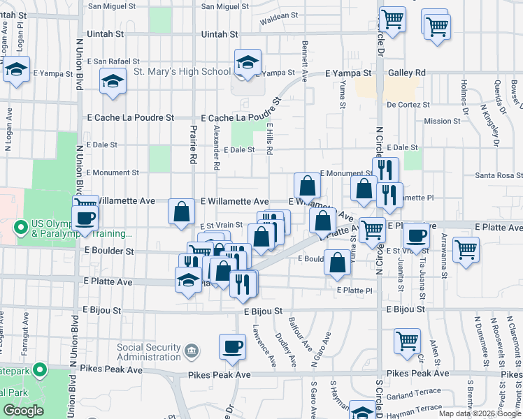 map of restaurants, bars, coffee shops, grocery stores, and more near 2453 East Willamette Avenue in Colorado Springs