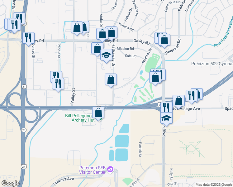 map of restaurants, bars, coffee shops, grocery stores, and more near 625 Hathaway Drive in Colorado Springs