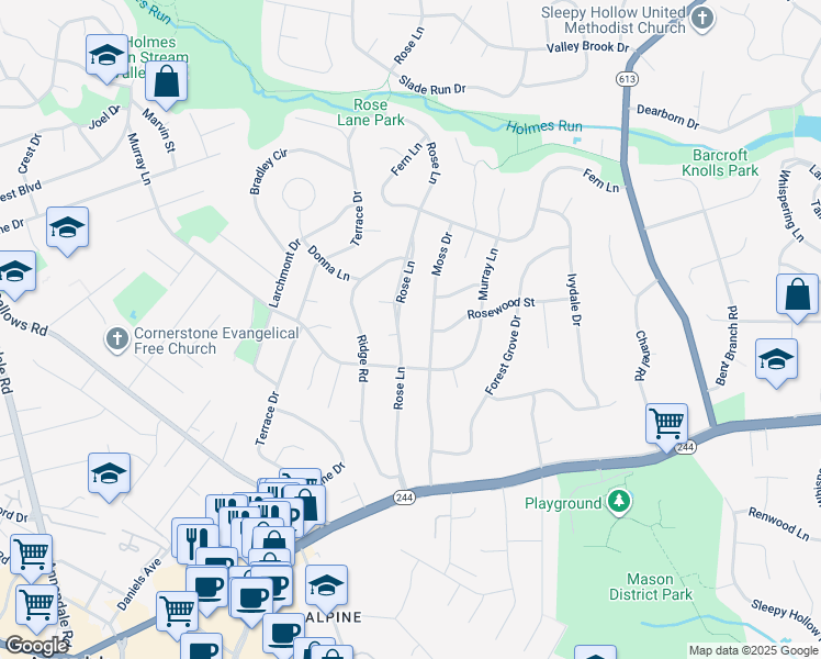 map of restaurants, bars, coffee shops, grocery stores, and more near 3807 Rose Lane in Annandale