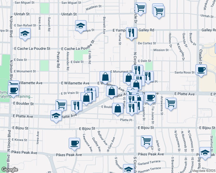 map of restaurants, bars, coffee shops, grocery stores, and more near 2616 East Willamette Avenue in Colorado Springs