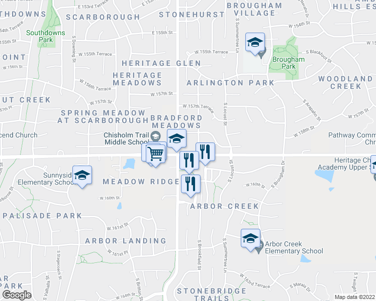 map of restaurants, bars, coffee shops, grocery stores, and more near 15895 South Bradley Drive in Olathe