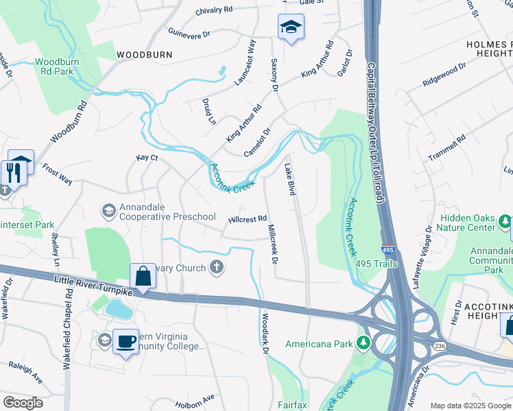 map of restaurants, bars, coffee shops, grocery stores, and more near 3808 Millcreek Drive in Annandale