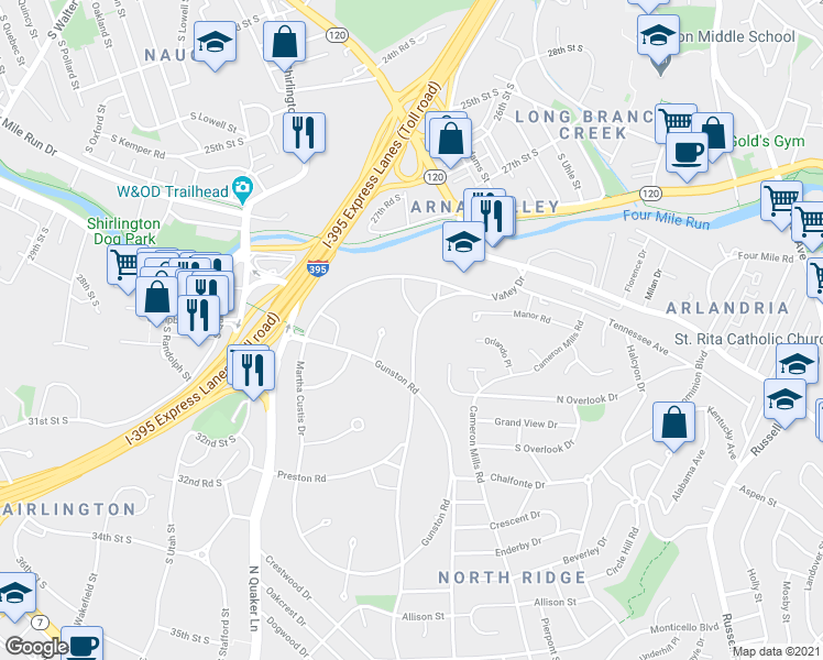 map of restaurants, bars, coffee shops, grocery stores, and more near 3700 Valley Drive in Alexandria