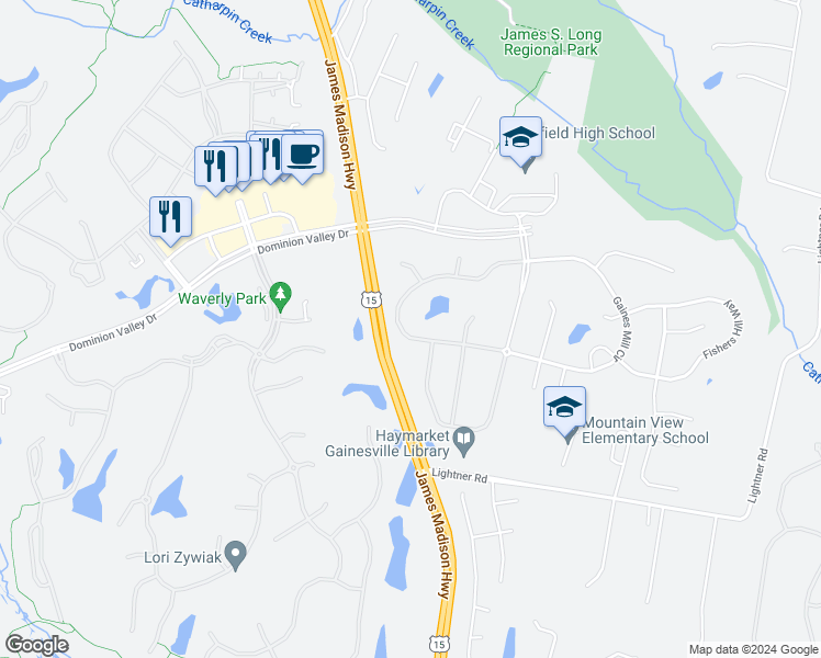 map of restaurants, bars, coffee shops, grocery stores, and more near 15046 Gaines Mill Circle in Haymarket