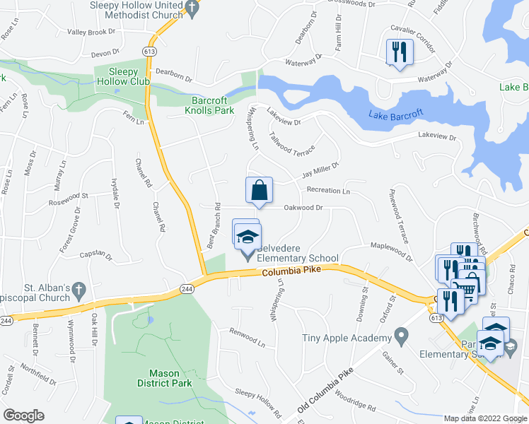 map of restaurants, bars, coffee shops, grocery stores, and more near 6529 Oakwood Drive in Falls Church