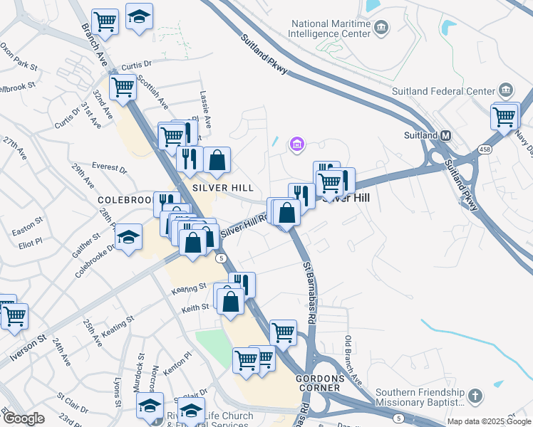 map of restaurants, bars, coffee shops, grocery stores, and more near 3998 Old Silver Hill Road in Suitland-Silver Hill