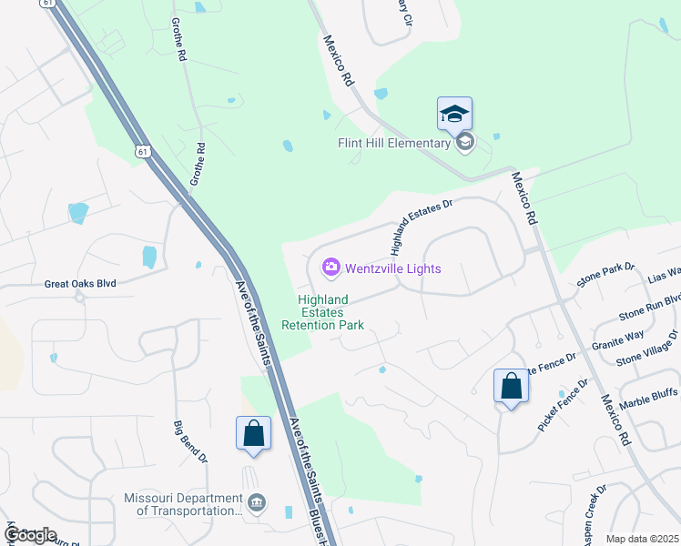 map of restaurants, bars, coffee shops, grocery stores, and more near 1505 Highland Park Court in Wentzville