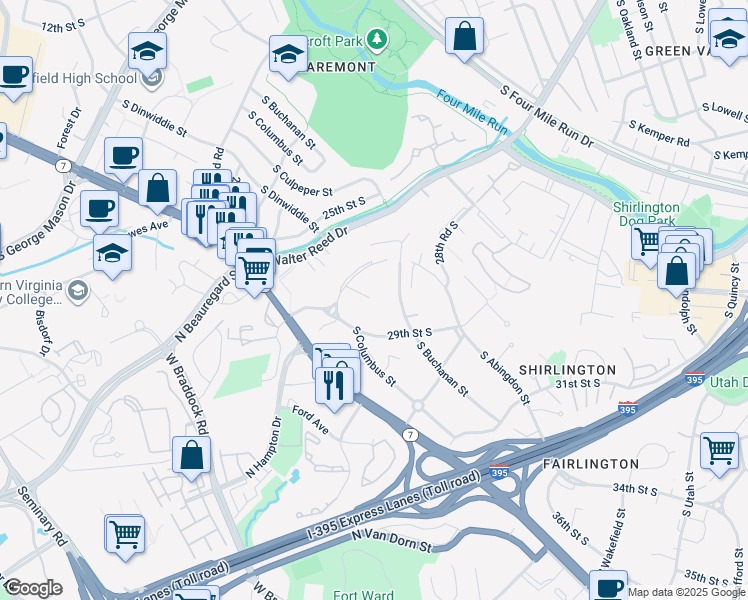 map of restaurants, bars, coffee shops, grocery stores, and more near 4858 South 28th Street in Arlington