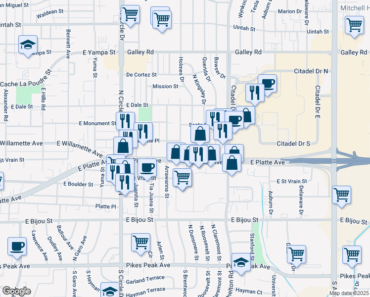 map of restaurants, bars, coffee shops, grocery stores, and more near 3208 East Platte Avenue in Colorado Springs