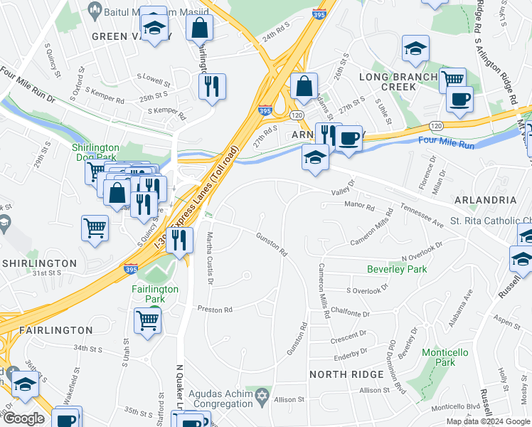 map of restaurants, bars, coffee shops, grocery stores, and more near 3623 Greenway Place in Alexandria
