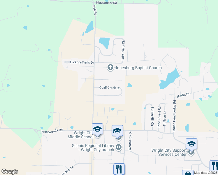 map of restaurants, bars, coffee shops, grocery stores, and more near 199 Quail Creek Drive in Wright City