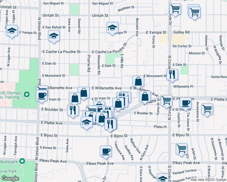 map of restaurants, bars, coffee shops, grocery stores, and more near 2436 East Willamette Avenue in Colorado Springs