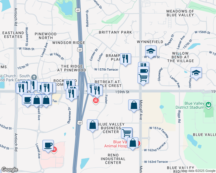 map of restaurants, bars, coffee shops, grocery stores, and more near 15833 Foster in Overland Park
