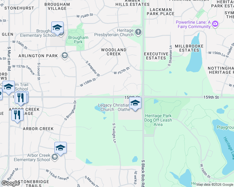map of restaurants, bars, coffee shops, grocery stores, and more near 15872 South Blackfoot Court in Olathe