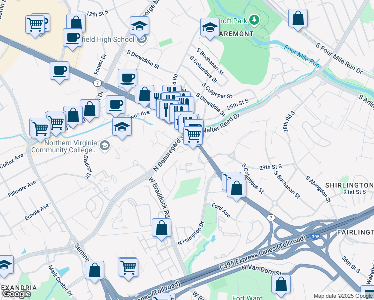 map of restaurants, bars, coffee shops, grocery stores, and more near 3445 Berkeley Street in Alexandria