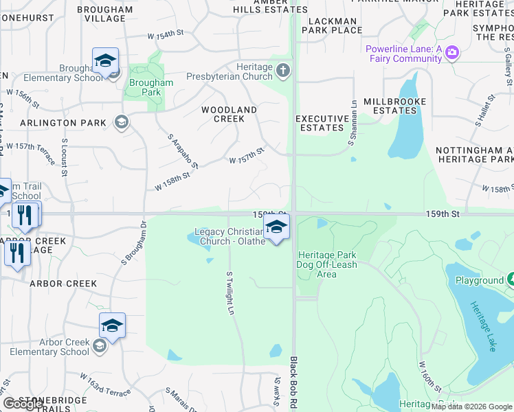 map of restaurants, bars, coffee shops, grocery stores, and more near 15872 South Roth Court in Olathe