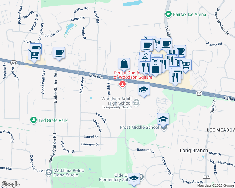 map of restaurants, bars, coffee shops, grocery stores, and more near 3954 Persimmon Drive in Fairfax