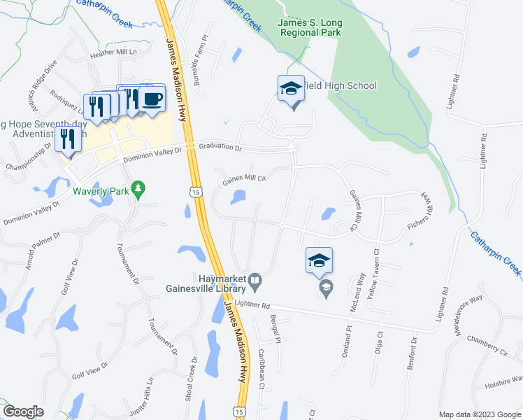 map of restaurants, bars, coffee shops, grocery stores, and more near 5413 Dabneys Mill Court in Haymarket